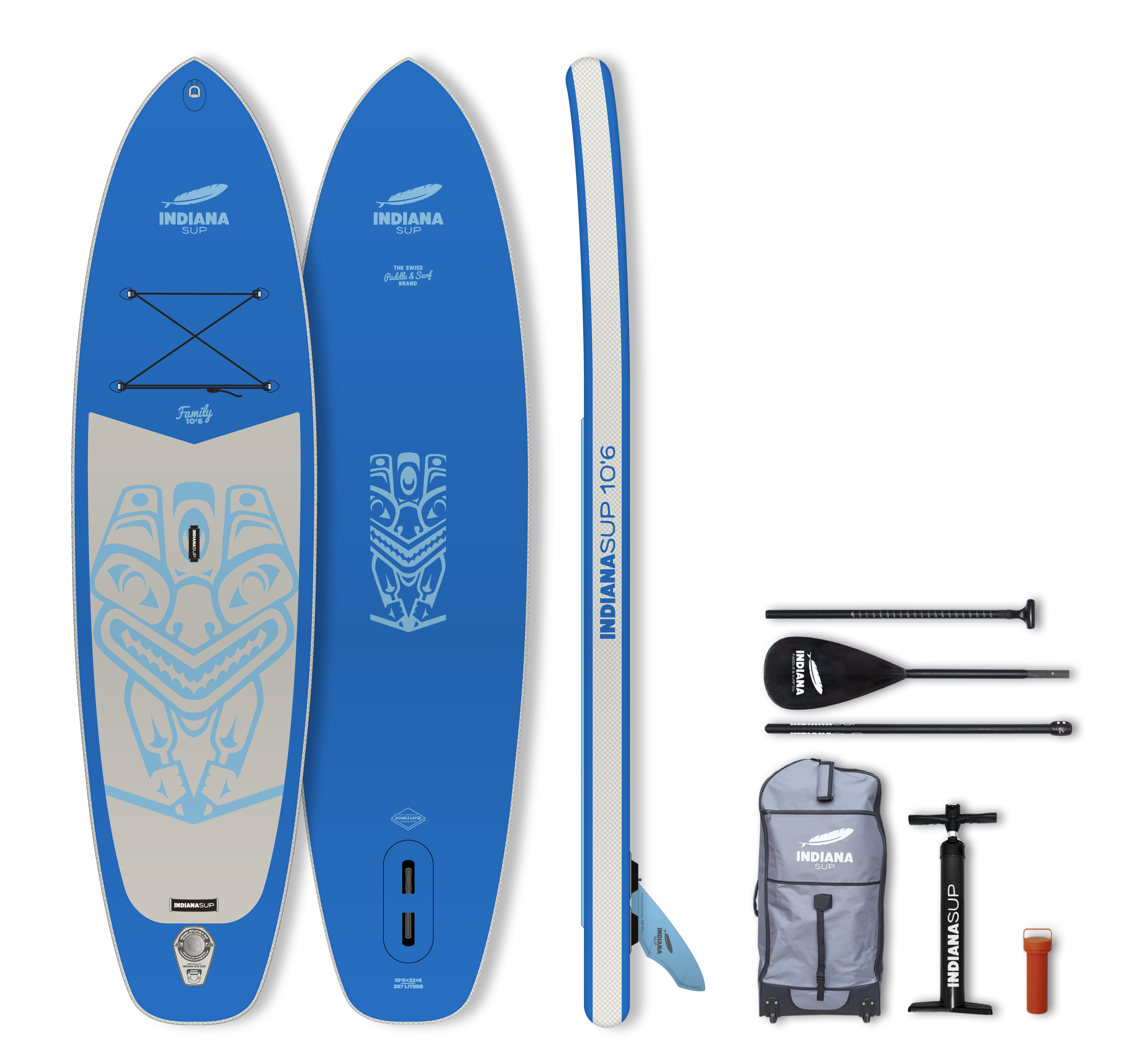 Indiana SUP 10'6, 11'6 oder 12'0 Family Pack Blue Inflatable Sup Pack with 3-Piece Fibre/Composite P